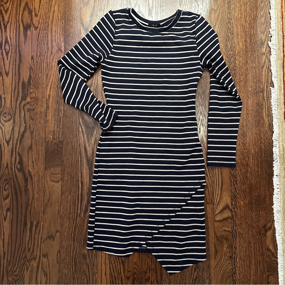 Iris Mini Dress navy & tan Striped Knit Long Sleeve Bodycon Asymmetrical dress